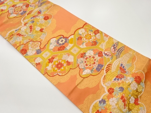 雲取りに花々・蜀江・蝶模様織出し袋帯